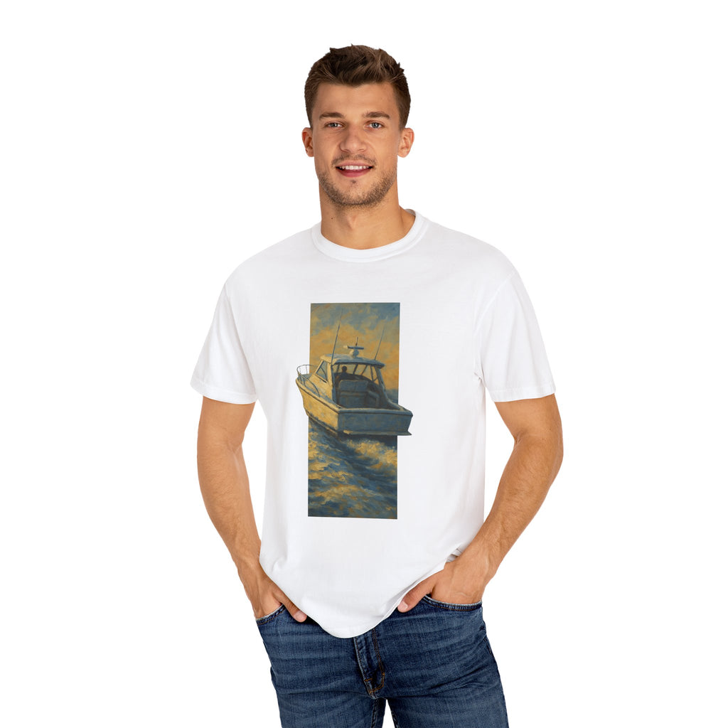Boat Sunset Unisex Garment-Dyed T-shirt, Nautical Tee, Summer Vibes Shirt, Gift for Sailors, Casual Everyday Wear, Beachwear