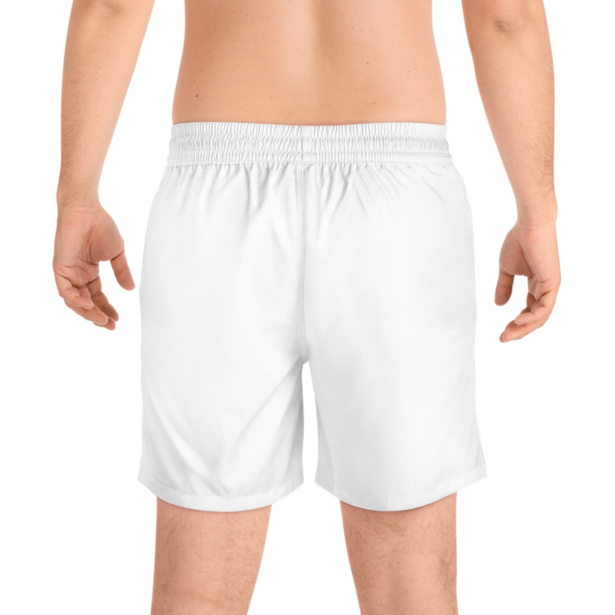 R&R Small Logo Men's Swim Shorts — White Mid-Length Trunks