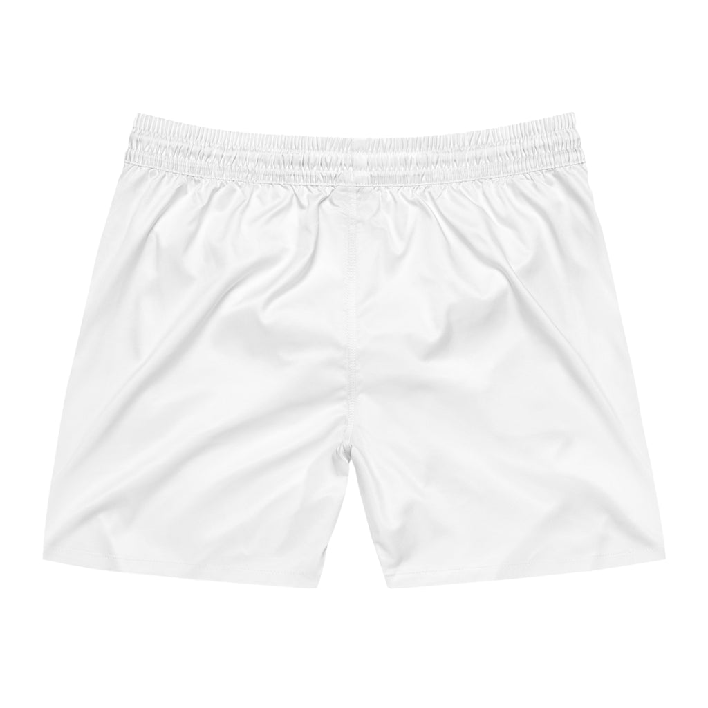 R&R Small Logo Men's Swim Shorts — White Mid-Length Trunks