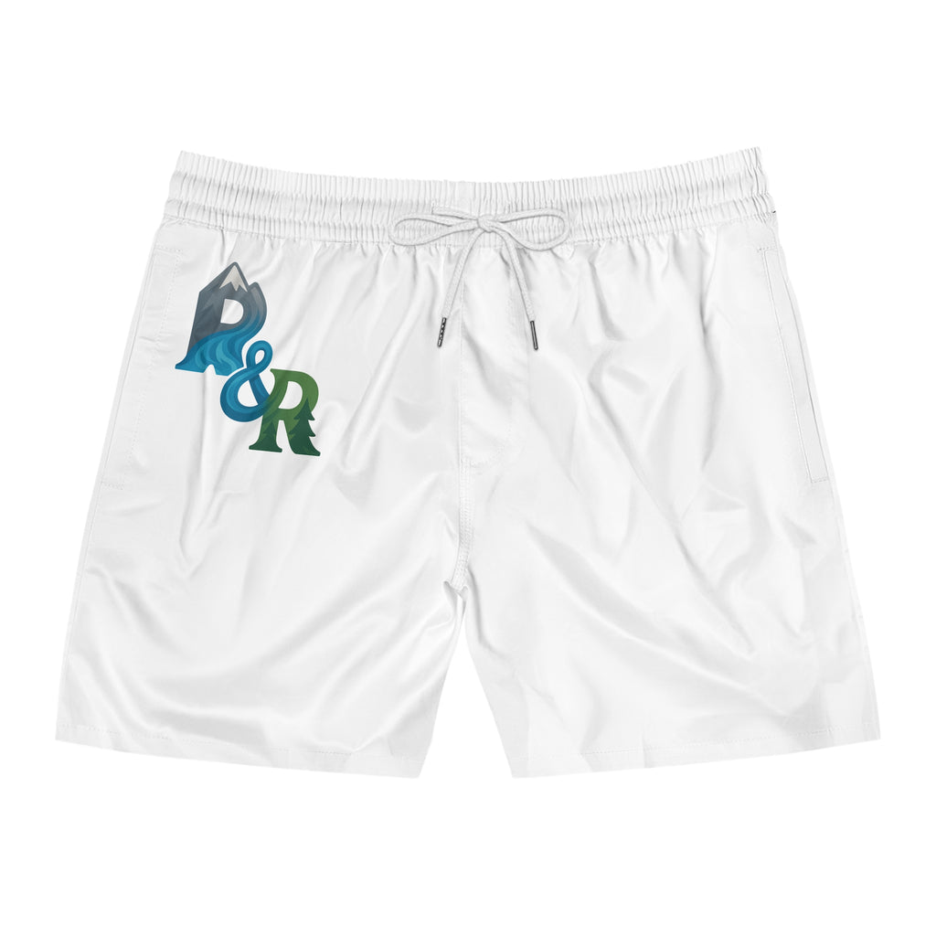 R&R Small Logo Men's Swim Shorts — White Mid-Length Trunks
