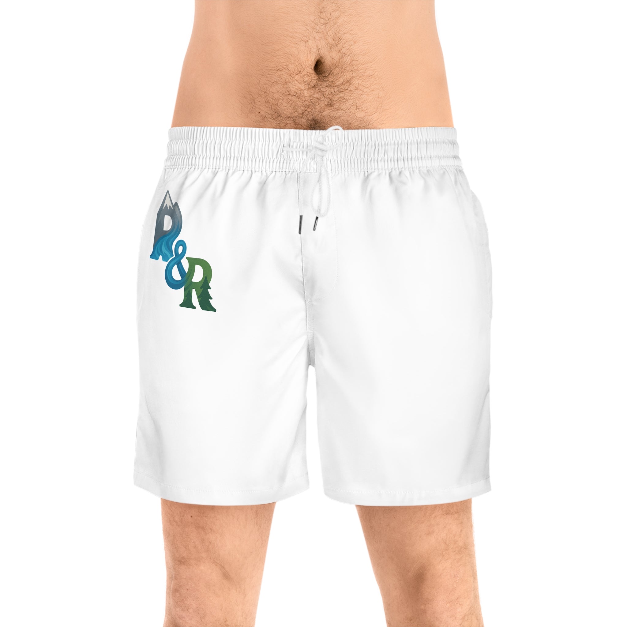R&R Small Logo Men's Swim Shorts — White Mid-Length Trunks